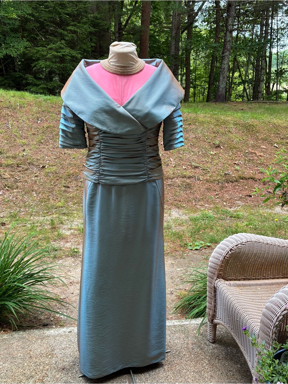 Daymor Couture Blue-Green, Bronze Satin Taffeta Formal 2 PC. Dress Set